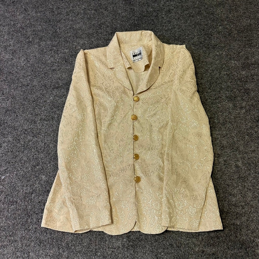 Leslie Fay Blazer Womens Size 6P Cream Jacquard Floral Gold Button Vintage Coat